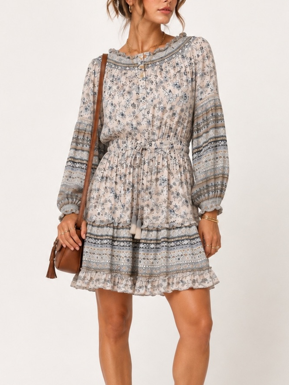 Lovestitch Boho Floral Mini Dress Blue Ivory Long Sleeve Ruffle Tassel Small